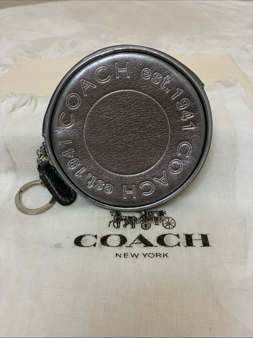 COACH 1941 Metallic Silver Round Coin Pouch Keyring With Coach Dustbag